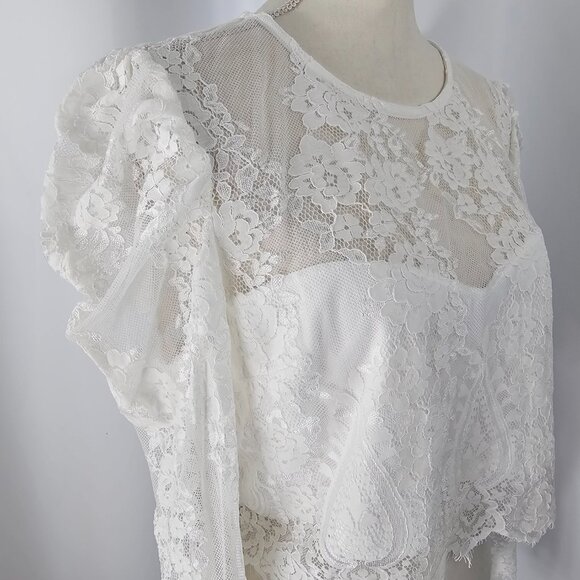 Lulus Women's Ivory Lace Long Puff Sleeve Cropped Blouse Size XL NWT - Picture 7 of 15